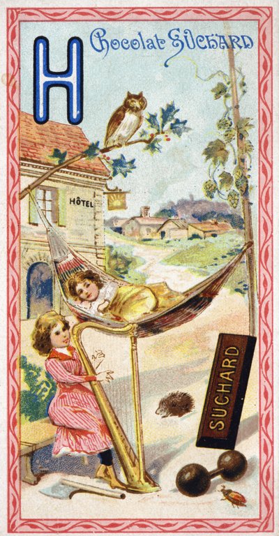 Letra H: hotel, búho, hamaca, arpa, hacha, erizo, lúpulo, pesas, chabolas, aldea. Grabado del Alfabeto editado por Chocolat Suchard, principios del siglo XX. 24 cromolitografías representando lugares, personajes y objetos por descubrir de Unbekannt