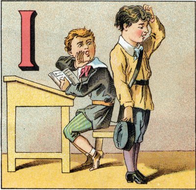 Letra I como ignorancia. Un estudiante cuestionado ha olvidado su lección y repite lo que uno de sus compañeros le sopla. Grabado en "Alfabeto de los pequeños escolares". Imágenes de Epinal, circa 1885. Colección privada de Unbekannt
