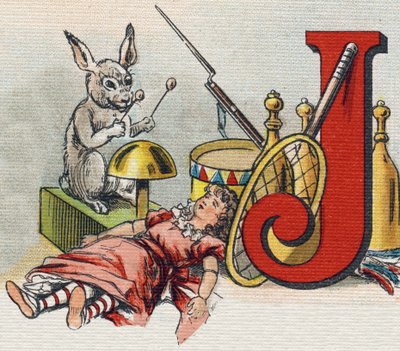 Letra J: juguetes. Grabado en "Alfabeto de mi pequeña hija". Bernardin-Bechet y Fils, libreros-editores, París, alrededor de 1895. Álbum irrompible en lienzo. Biblioteca de Bebés. 12 páginas. Álbum que contiene un método de lectura y un abecedario ilustrad de Unbekannt
