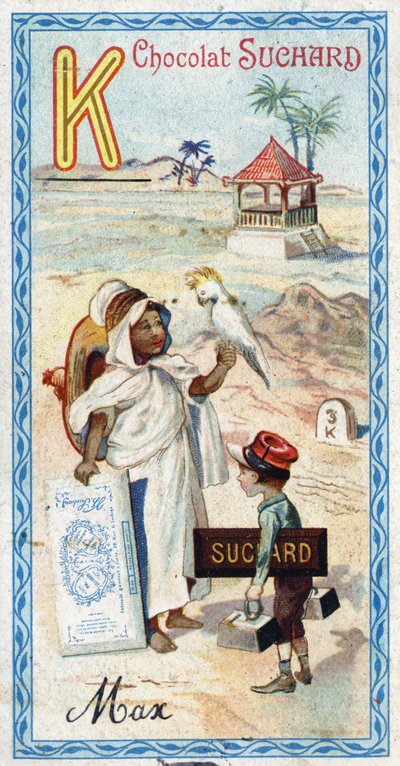 Letra K: kabyle, kepi, kilogramo, cacatúa, quiosco, kilómetro. Grabado del Alfabeto editado por Chocolat Suchard, principios del siglo XX de Unbekannt