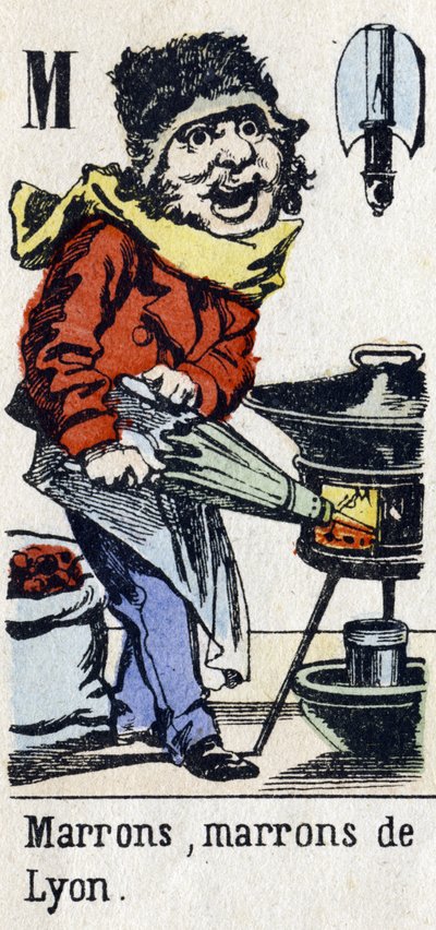 Letra M: "Marrón, Marrón de Lyon". Alfabeto "Diversión infantil". Imágenes de Epinal, circa 1890. Serie popular. Pequeño folleto de 8 páginas. Grabados en madera con esténcil sobre el tema de los pequeños oficios callejeros y los gritos de París de Unbekannt