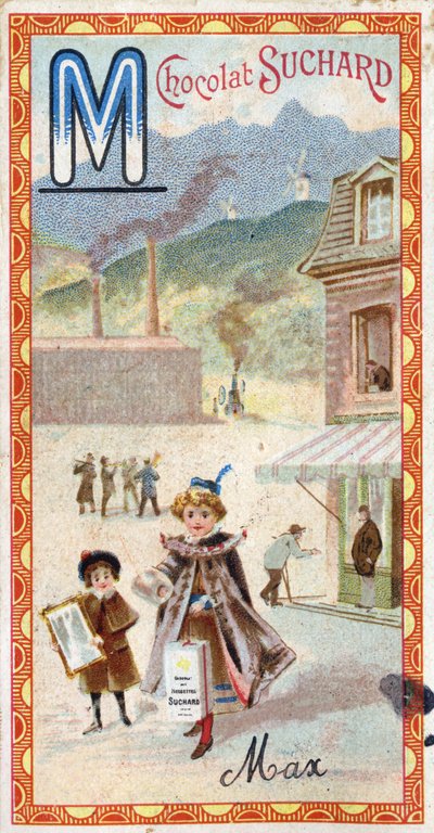 Letra M: montaña, espejo, máquina, manufactura, abrigo, mendigo, molino. Grabado del Alfabeto editado por Chocolat Suchard, principios del siglo XX. 24 cromolitografías que representan lugares, personajes y objetos para descubrir en la imagen de Unbekannt
