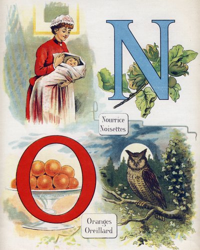 Letra N y O: enfermera, avellana, naranjas y oreja. Grabado en "ABC L