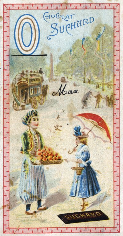 Letra O: ómnibus, otomano, paraguas, oriflama, naranja, obelisco, oso. Grabado del Alfabeto editado por Chocolat Suchard, principios del siglo XX. 24 cromolitografías que representan lugares, personajes y objetos para descubrir en la imagen de Unbekannt