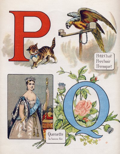 Letra P y Q: gatito, percha, loro y quenet, la hada derecha. Grabado en "ABC L