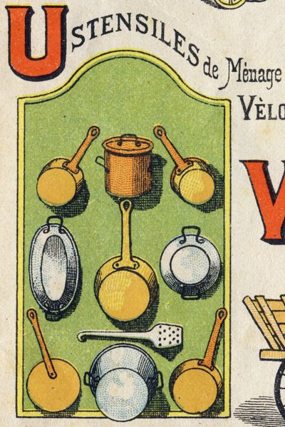 Letra U. Cocote, estufa, ardilla, cacerola... Grabado en "Juguetes ABC". Imágenes de Epinal en cromolitografía, circa 1890 de Unbekannt