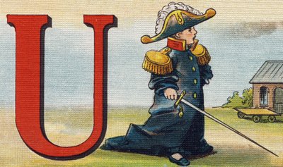 Letra U: uniforme. Grabado en "Alphabet de ma petite fille". Bernardin-Bechet y Fils, libreros-editores, París, alrededor de 1895. Álbum irrompible sobre lienzo. Bibliothèque des Bébés. 12 páginas. Álbum que contiene un método de lectura y un abecedario il de Unbekannt