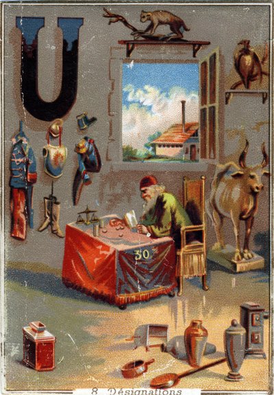 Letra U: uniformes; urna; uro; urubú; usurero; utensilios; fábrica. Alfabeto. En cada imagen, hay una serie de palabras ilustres cuyas representaciones están escenificadas. Cromolitografías de Litografía Parisina, circa 1890. de Unbekannt