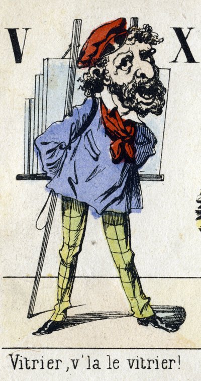 Letras V y X: "¡Cristalero, el cristalero!" Alfabeto "Diversión infantil". Imágenes de Epinal, circa 1890. Serie popular. Pequeño folleto de 8 páginas. Grabados en madera con esténcil sobre el tema de los pequeños oficios callejeros y los gritos de París de Unbekannt