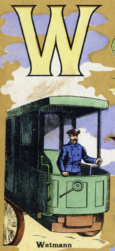 Letra W como Watmann con un conductor de tren. Alfabeto ilustrado. Imágenes reunidas en Jarville-Nancy, principios del siglo XX. Dim: 40 x 29 cm. Litografía sobre fondo bistre de Unbekannt