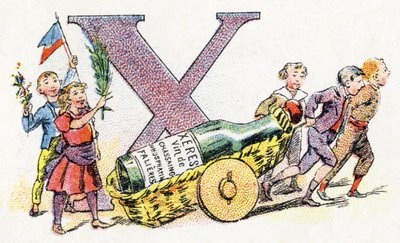 Letra X: Jerez. Alfabeto de Phosphatine Falieres. Grabado. Alfabeto Brevete S.G.D.G. por el farmacéutico Pierre Emile Falieres. Ilustraciones en cromolitografía, finales del siglo XIX. 16 páginas de Unbekannt