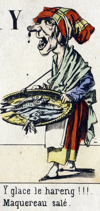 Letra Y: "¡hielo el arenque! ¡Caballa sucia!". Alfabeto "Diversión infantil". Imágenes de Epinal, circa 1890 de Unbekannt