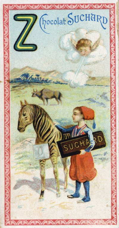 Letra Z: céfiro, zuavo, cebú, cebra, cero. Grabado del Alfabeto editado por Chocolat Suchard, principios del siglo XX. 24 cromolitografías que representan lugares, personajes y objetos para descubrir en la imagen. Dim: 105x55mm de Unbekannt
