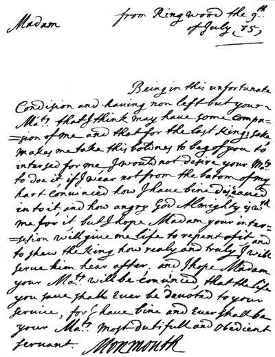 Carta pidiendo misericordia, escrita por James, Duque de Monmouth después del fracaso de su rebelión y el día después de su captura, a la Reina Viuda Catalina de Braganza, 9 de julio de Unbekannt