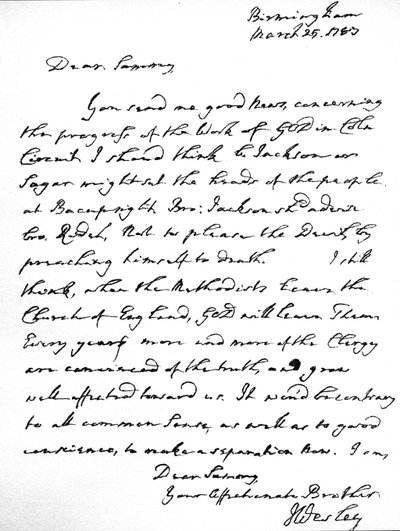 Carta de John Wesley a Samuel Bradburn, expresando su fuerte opinión de que los metodistas no deberían dejar la Iglesia de Inglaterra, escrita en Birmingham, 25 de marzo de Unbekannt