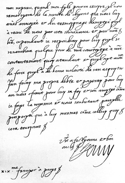 Carta del Rey Enrique IV de Francia a Enrique, Príncipe de Gales, agradeciéndole por un regalo de una jauría de perros para su hijo, el Delfín, que es demasiado joven para escribir en persona, escrita en París de Unbekannt