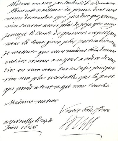 Carta de Luis XIV a María de Módena, felicitándola por el nacimiento de un príncipe, James Edward, Príncipe de Gales de Unbekannt