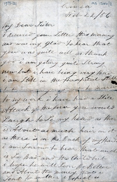 Carta de un soldado en Crimea a su hermana, 22 de febrero de 1856 de Unbekannt