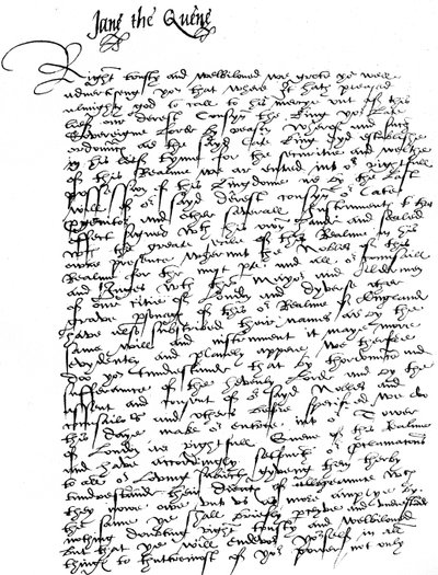Carta firmada por Lady Jane Grey, a William Parr, Marqués de Northampton, anunciando su ascenso como Reina y requiriendo su lealtad y asistencia contra Lady Mary, 
