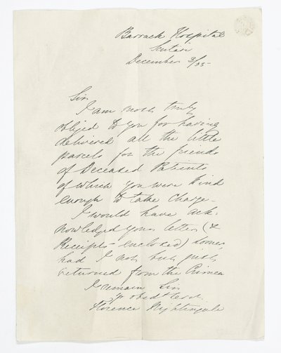 Carta escrita por Florence Nightingale, mientras estaba en el Hospital de Barracas, Scutari de Unbekannt
