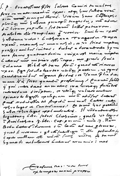 Carta escrita en latín de Erasmo a Nicolaas Everaerts sobre el matrimonio de Martín Lutero, diciendo que 
