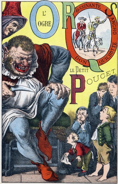Letras: O P Q R S - El Ogro y el Peucet, Don Quijote, Rocinante y Sancho - Grabado en "ABC Les Images en Alphabet" - Imágenes de Epinal - Pellerin y Cie, impresor-editor, Epinal, finales del siglo XIX, circa 1890. de Unbekannt