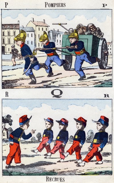 Letras P Q R: Bomberos y Reclutas. Grabado en "Alphabet militaire enfantin". Imágenes de Pont-a-Mousson, circa 1890. 20 páginas de Unbekannt