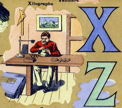 Letras X y Z como xilografía. Grabador haciendo xilografías. Alfabeto ilustrado. Imágenes reunidas en Jarville-Nancy, principios del siglo XX. Dim: 40 x 29 cm. Litografía sobre fondo bistre de Unbekannt