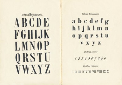 Letras mayúsculas, minúsculas, cifras árabes y romanas - Grabado extraído de ABCD de las niñas. Pellerin & Cie, impresor-editor, Épinal, hacia 1890. Serie A. de Unbekannt