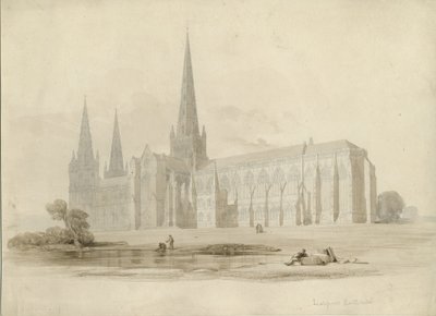 Catedral de Lichfield - Vista sureste: dibujo y lavado, nd [?siglo XIX] de Unbekannt