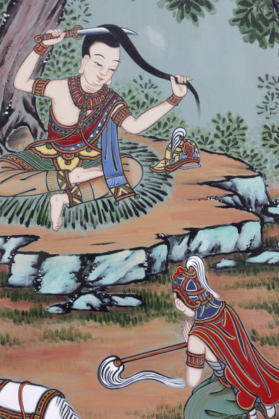 Vida de Buda: Lejos del palacio, el príncipe Siddartha cambió sus finas ropas por harapos y se cortó el cabello, Seúl, Corea del Sur de Unbekannt