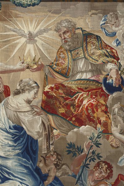 Vida de la Virgen: “Coronación de la Virgen” Detalle que representa a Dios y la paloma del Espíritu Santo (Espíritu Santo) sobre la Virgen - Tapiz de lana y seda hecho en el taller de Pierre Damour a partir de los dibujos de Charles Poerson (1609-1667) de Unbekannt