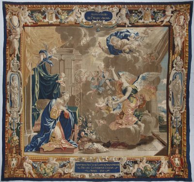 Vida de la Virgen: “La Anunciación” Vemos a Dios y la paloma del Espíritu Santo (Espíritu Santo) sobre la escena - Tapiz de lana y seda hecho en el taller de Pierre Damour a partir de los dibujos de Charles Poerson (1609-1667) de Unbekannt