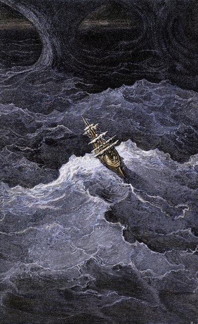 Literatura: Barco en medio del mar. Ilustración de la novela de Samuel Taylor Coleridge (1772-1834) "Rime of the Ancient Mariner". Grabado en color según una ilustración de Gustave Dore. de Unbekannter Künstler