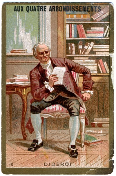 La literatura. El filósofo francés Denis Diderot. Imaginería de los grandes almacenes parisinos: Aux Quatre Arrondissements, Francia, c.1900 de Unbekannter Künstler