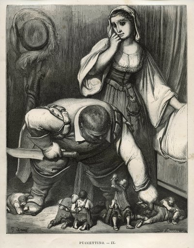 El pequeño Poulet y sus hermanos suplican al ogro que no los mate. Grabado de Gustave Doré (1832-1883) de Les contes de Charles Perrault (1628-1703) de Unbekannt