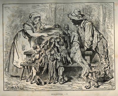 El pequeño Poulet y sus hermanos hambrientos. Grabado de Gustave Doré (1832-1883) de Les contes de Charles Perrault (1628-1703) de Unbekannt