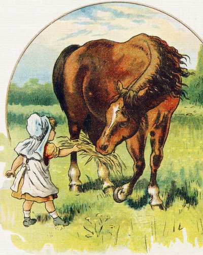 Niña pequeña dando heno a un caballo. Grabado en "ABC L