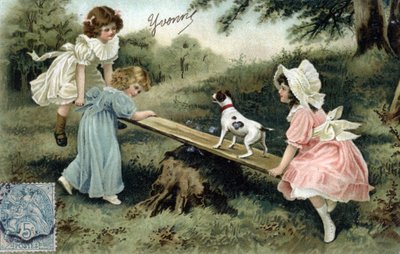 Niñas jugando con una tabla de madera (columpio o cinta de trasero) - Postal de finales del siglo XIX-XX de Unbekannt