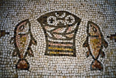 Pan y peces, mosaico en la iglesia de la Multiplicación, siglo IV, Tabgha, Israel de William M. Timlin