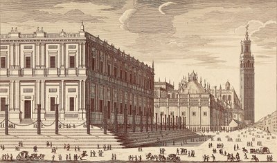 Lonja de Comercio y vista parcial de la Catedral de Sevilla. Grabado. ESPAÑA. MADRID (COMUNIDAD AUTÓNOMA). Madrid. Biblioteca Nacional de Unbekannter Künstler