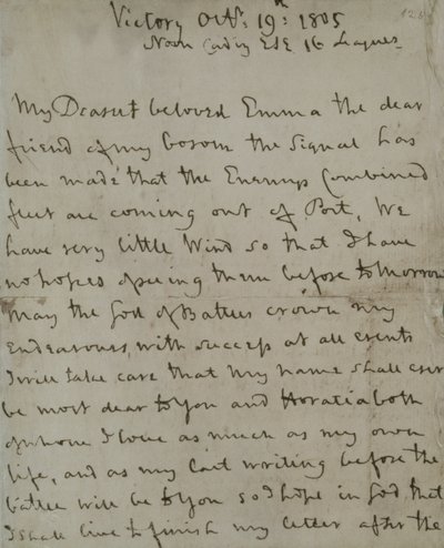 Última carta de Lord Nelson (1758-1805) a Emma Hamilton, escrita desde el 