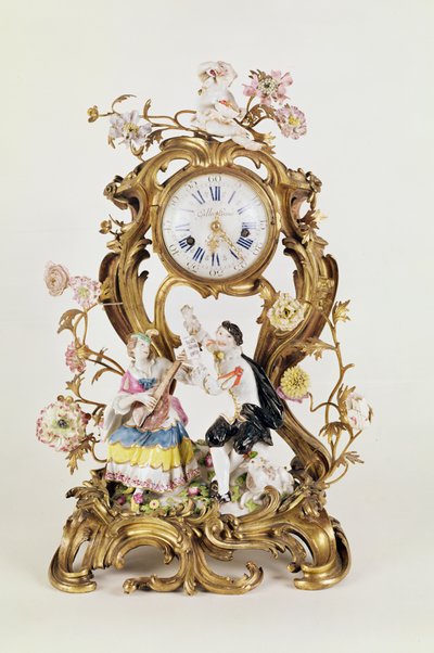 Reloj de porcelana y bronce dorado Luis XV, con figuras de Meissen de Unbekannt