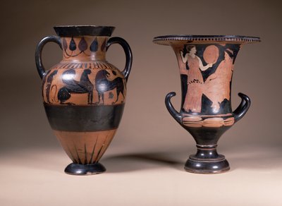 Anfora de figuras negras orientalizantes, griega, siglo VI a.C.; crátera de cáliz de figuras rojas, griega, sur de Italia, siglo IV a.C. de Unbekannt