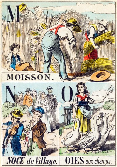 M N O: Cosecha, Boda de aldea, Gansos en el campo - "Alfabeto de la granja" finales del siglo XIX (grabado) de Unbekannt