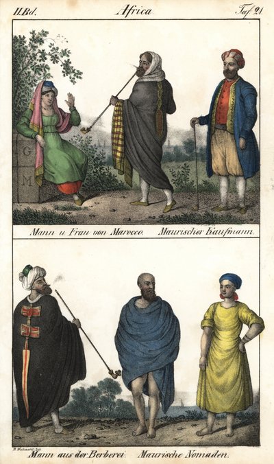 Hombre y mujer de Marruecos, un mercader moro, arriba, y una pareja de marroquíes, un mercader moro y abajo, un hombre bereber con abrigo y una pareja de nómadas moros. Litografía para el libro: "Galerie complete en tableaux fideles des peuples d