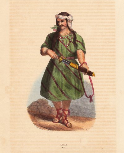 Hombre de la tribu Karen (Karene o Karyang) (Birmania, Myanmar) - Hombre de la tribu Karen (Karian) del sur de Birmania - xilografía coloreada a mano de "Mores, Uses et Costumes de tous les Peoples du Monde, Asia", de Auguste Wahlen, seudónimo de Jean Fran de Unbekannter Künstler