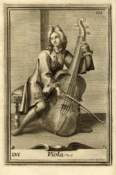 Hombre tocando el violonchelo (o "Viola"). En el "Gabinetto Armonico" de Filippo Bonanni, Roma. de Unbekannter Künstler