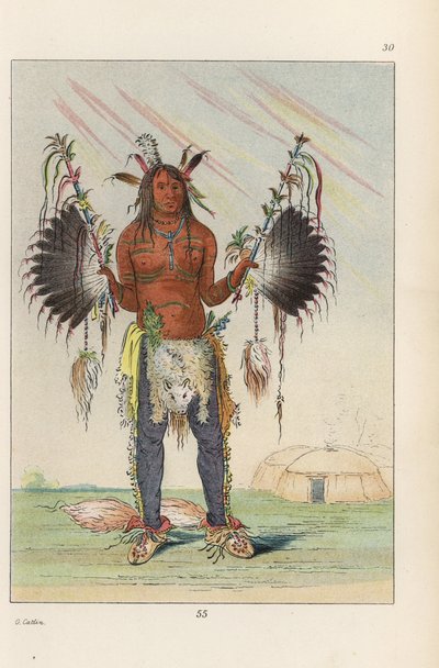 El curandero mandan Mah-to-he-hah, Viejo Oso, pintado con varios colores, grasa de oso y carboncillo, sosteniendo pipas medicinales de plumas y llevando colas de zorro en los talones. Litografía coloreada a mano de Manners, Customs and Condition of the Nor de Unbekannter Künstler