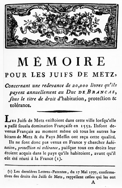 Manifiesto en apoyo a los judíos de Metz apoyando la eliminación del impuesto pagadero por los judíos al Duque de Brancas, c.1790 de Unbekannt